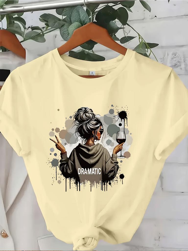 Women'sT-Shirt Dramatic Woman with Wine Glass Art Print Casual Everyday  Formal Outfits  Elegant Tee for Theater Events  Parties