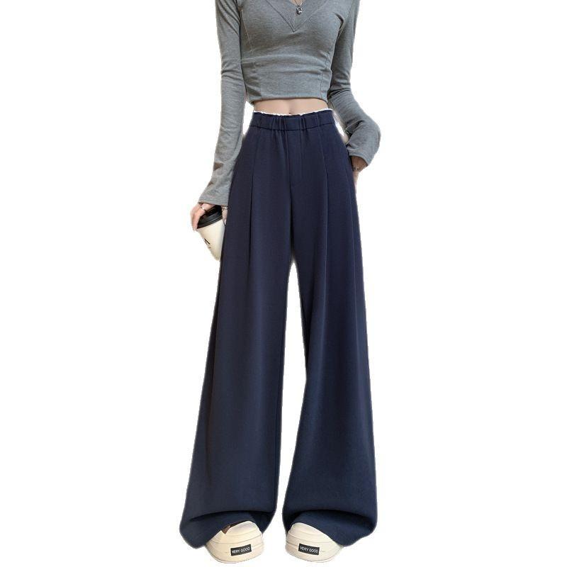 

Дизайнерские брюки широкие от бедра темно-синего цвета для женщин на весну с высокой посадкой, облегающие прямые брюки, универсальные, свободного кроя, зауженные к низу, повседневные брюки 2XL