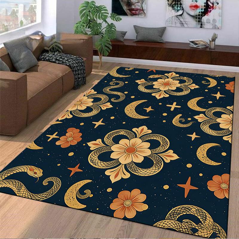 Snake and Moon Pattern Carpet with Floral Details, Dark Boho Style Suitable for Use As an Anti-slip for Living Room Bedroom Sofas