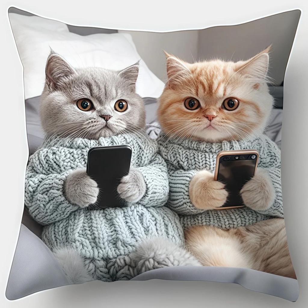 Cute Cats With Phone Pillow Cover Short Plush Polyester Cushion Case Decor Throw Pillowcase Home Deco