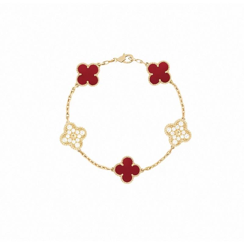 Four-leaf Clover Five-flower Bracelet for Women Rose Gold Lucky Clover Bracelet with White Mother-of-pearl and Red Agate Fashionable Bangle