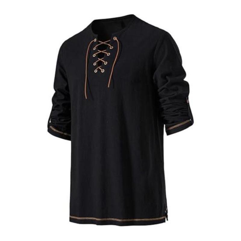 Men's Vintage Lace-Up T-Shirt Long Sleeve Henry Collar Top Spring Autumn Solid Color Tee Shirt for Daily Wear Performances Cosplay