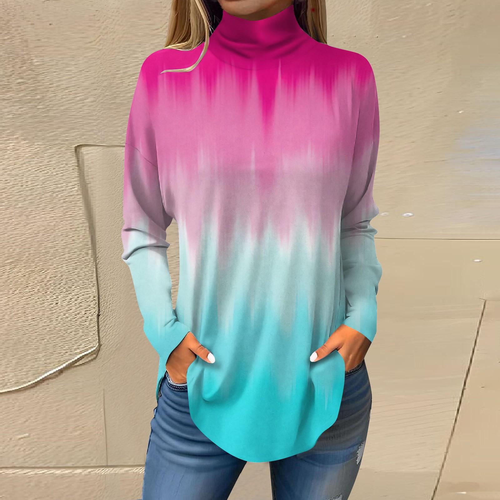 Женская модная повседневная футболка с длинным рукавом с высоким воротом и принтом — фото 8