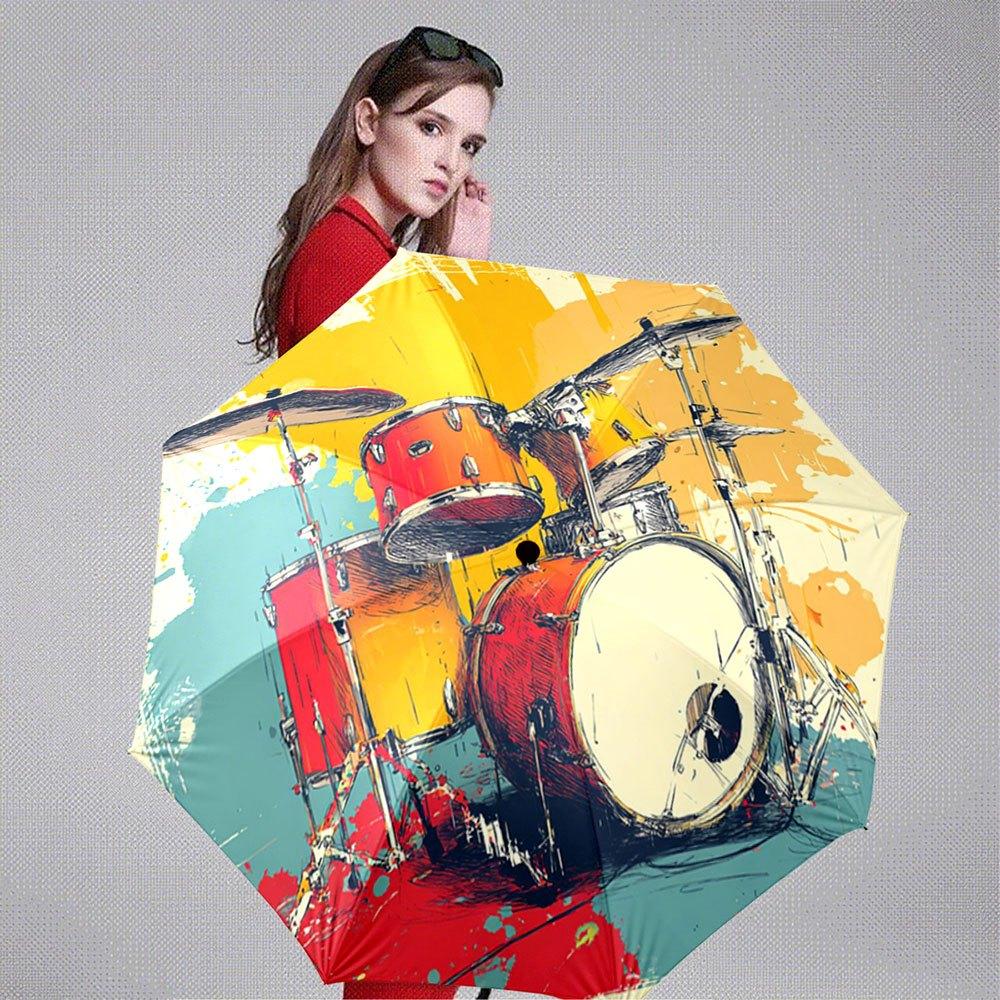 Drum Set Umbrella - Open/Close 8-Rib Compact Folding Drumstick & Drum Design with Music Notes - Portable Music-Themed Umbrell