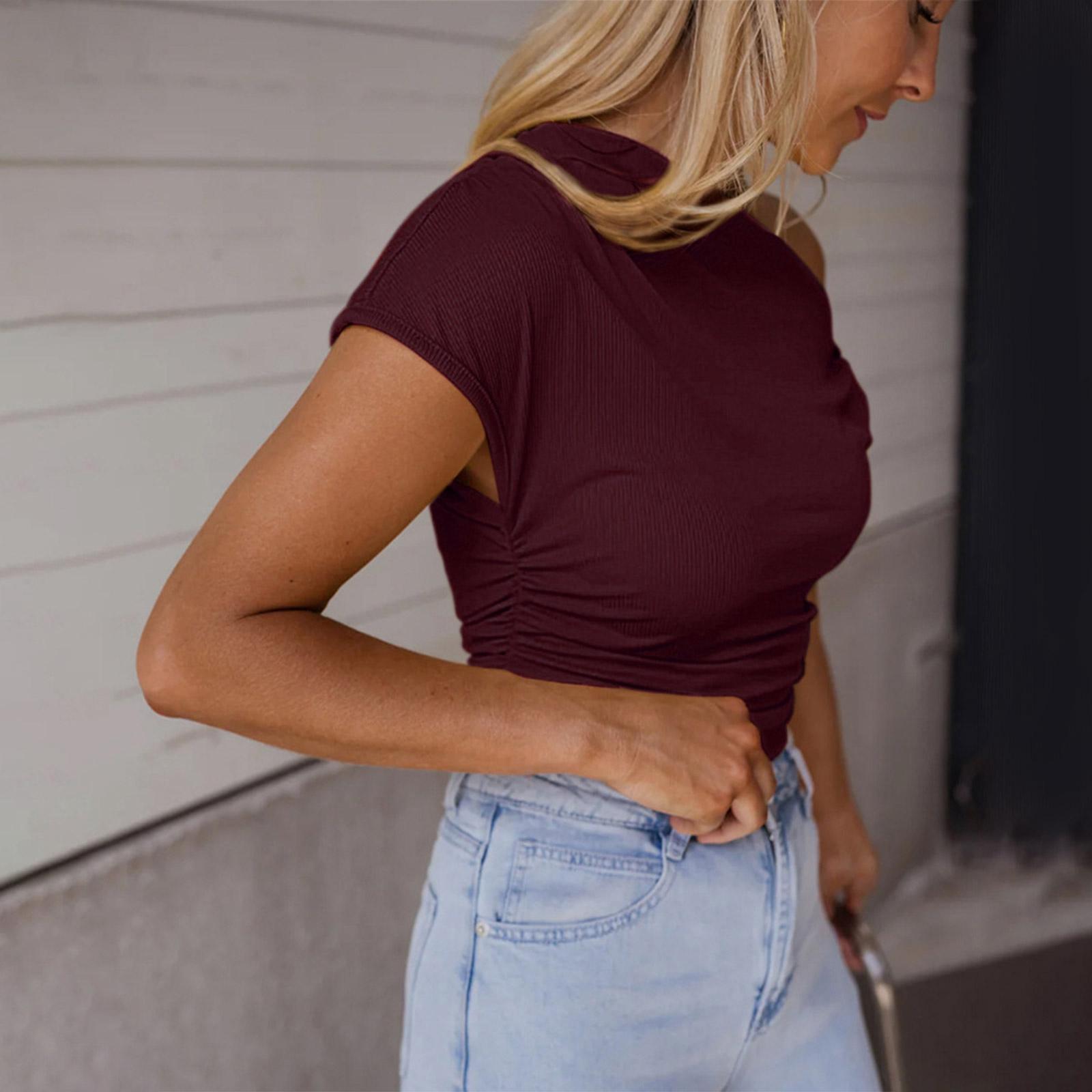 Женская мода Новая летняя облегающая вязаная футболка с декоративным цветом, короткий рукав, топ XXL винный