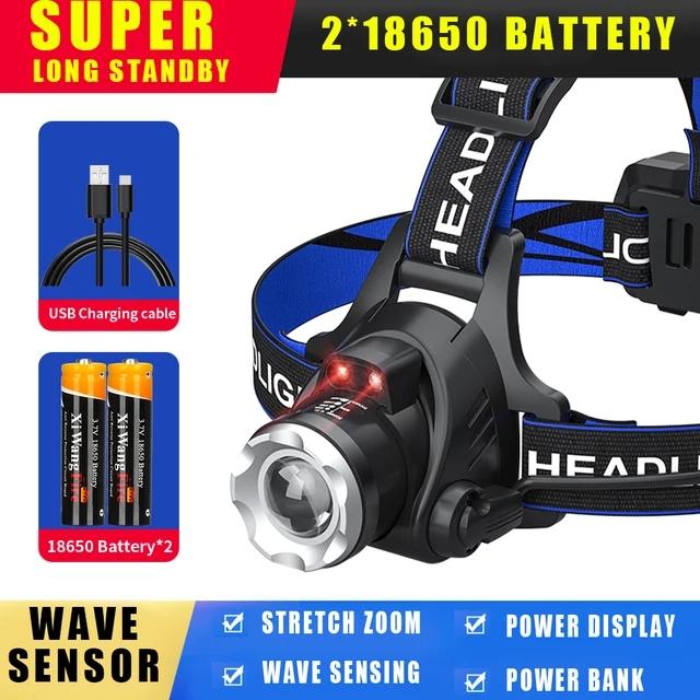 Zoom Induction LED Headlamp Flashlight 18650 Battery USB Rechargeable Headlight Outdoor Fishing Hunting Waterproof Head Torch
