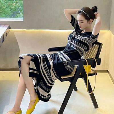 French Chic Striped Knit V-Neck A-Line Dress