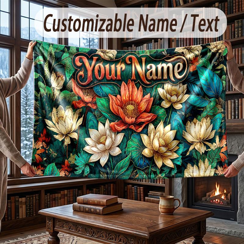 Floral Garden Theme Throw Blanket Custom Name Text Personalized Blanket Soft Cozy Blanket for Home Sofa Bed