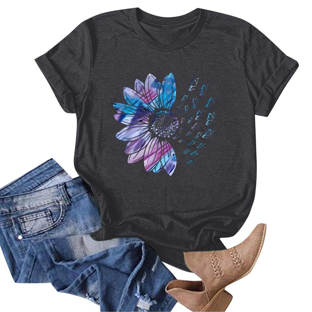 Women's Casual Floral Print Short Sleeved T-shirt With Round Neck Top