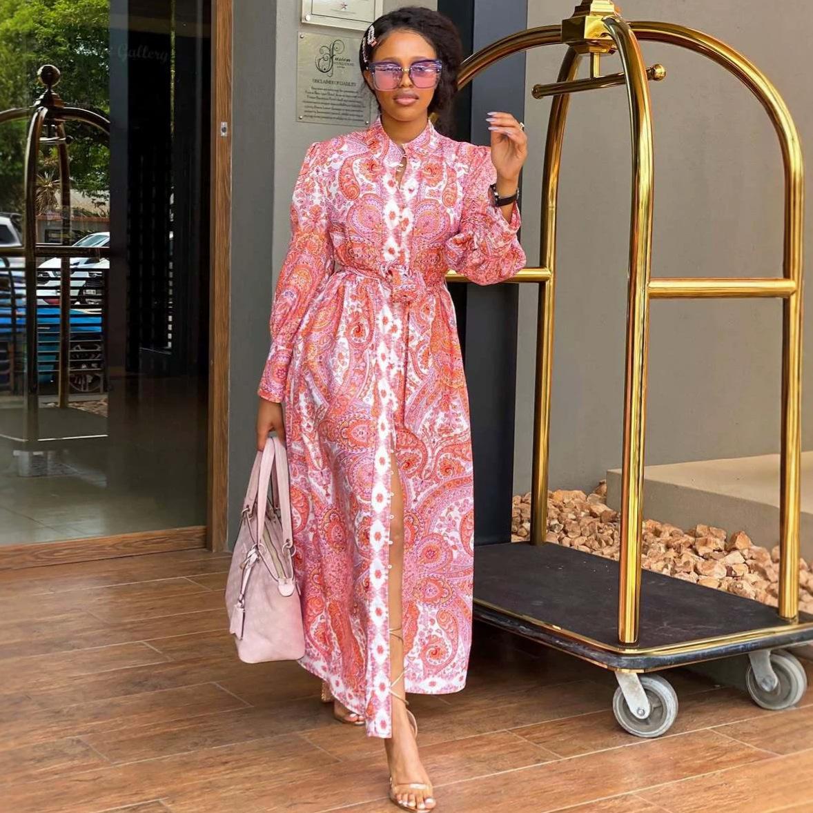European and American fashion women s clothing long-sleeved temperament straps slim dress women s African fashion foreign style new long skirt S