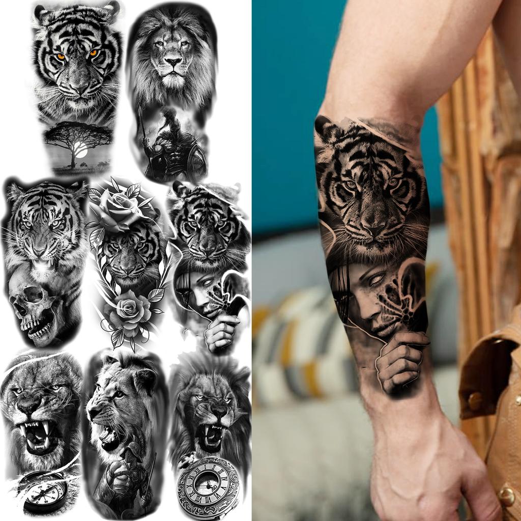 1 Sheet Realistic Fake Tiger Lion Temporary Tattoos For Women Men Adults Body Forearm Arm Leg Tattoo Sticker Waterproof Decor