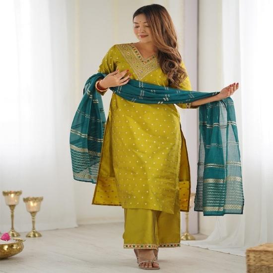 Vibrant Mustard Yellow Embroidered Kurta Set with Contrast Teal Dupatta S