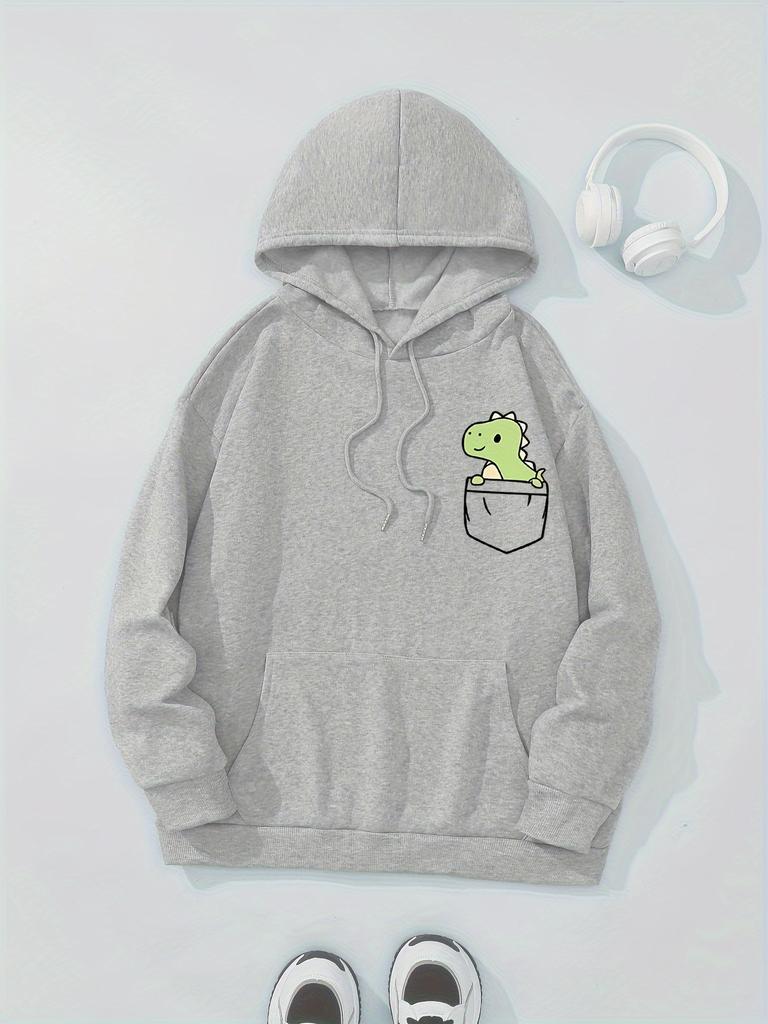 Herbst und Winter Süßes Kleines Dinosaurier Muster Aufgedruckte Hoodies Rundhals Langarm Lässige Damenbekleidung
