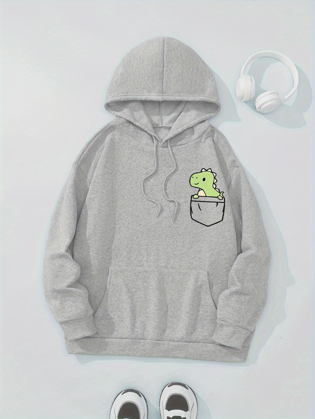 Herbst und Winter Süßes Kleines Dinosaurier Muster Aufgedruckte Hoodies Rundhals Langarm Lässige Damenbekleidung S gray