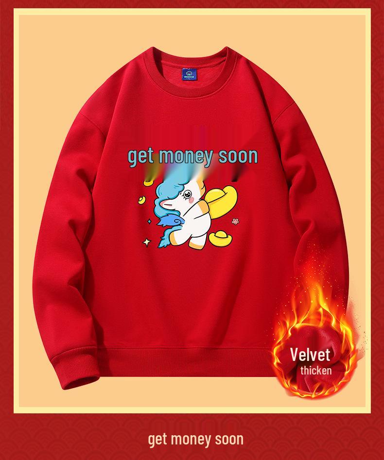 2026 Year of the Horse Red Zodiac Hoodie Fleece-Lined Loose Fit Long Sleeve Men's Clothing