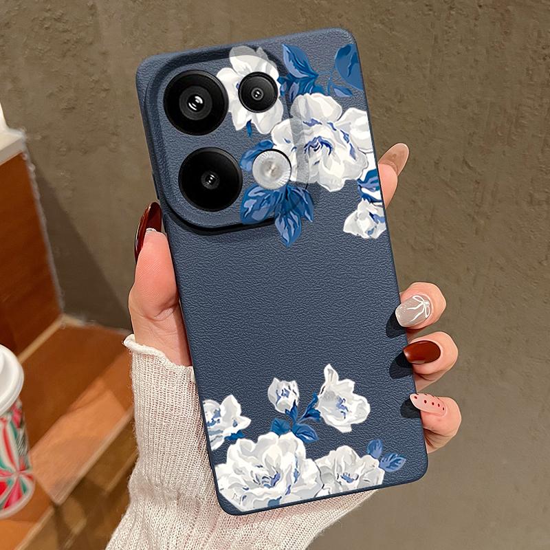 White Gardenia Floral Pattern Case For Xiaomi 14T 13T 11T Pro Funda Redmi Note 14 13 12 11 Pro 5G 4G Leather Texture Silicone Cover