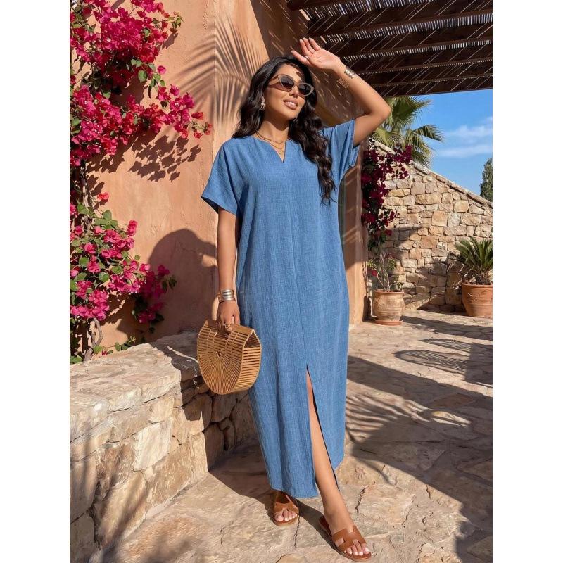 European summer new solid color temperament elegant V-neck bat sleeve short sleeve long dress women S синий