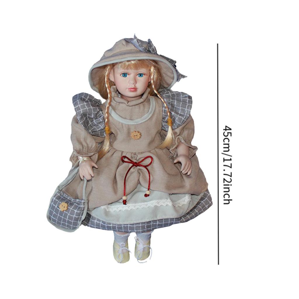 Ceramic Doll with Hat and Hair Glazed Makeup Face Elegant 17.72inch Collectibles Dress Up Porcelain Doll for Girls Birthday Gift