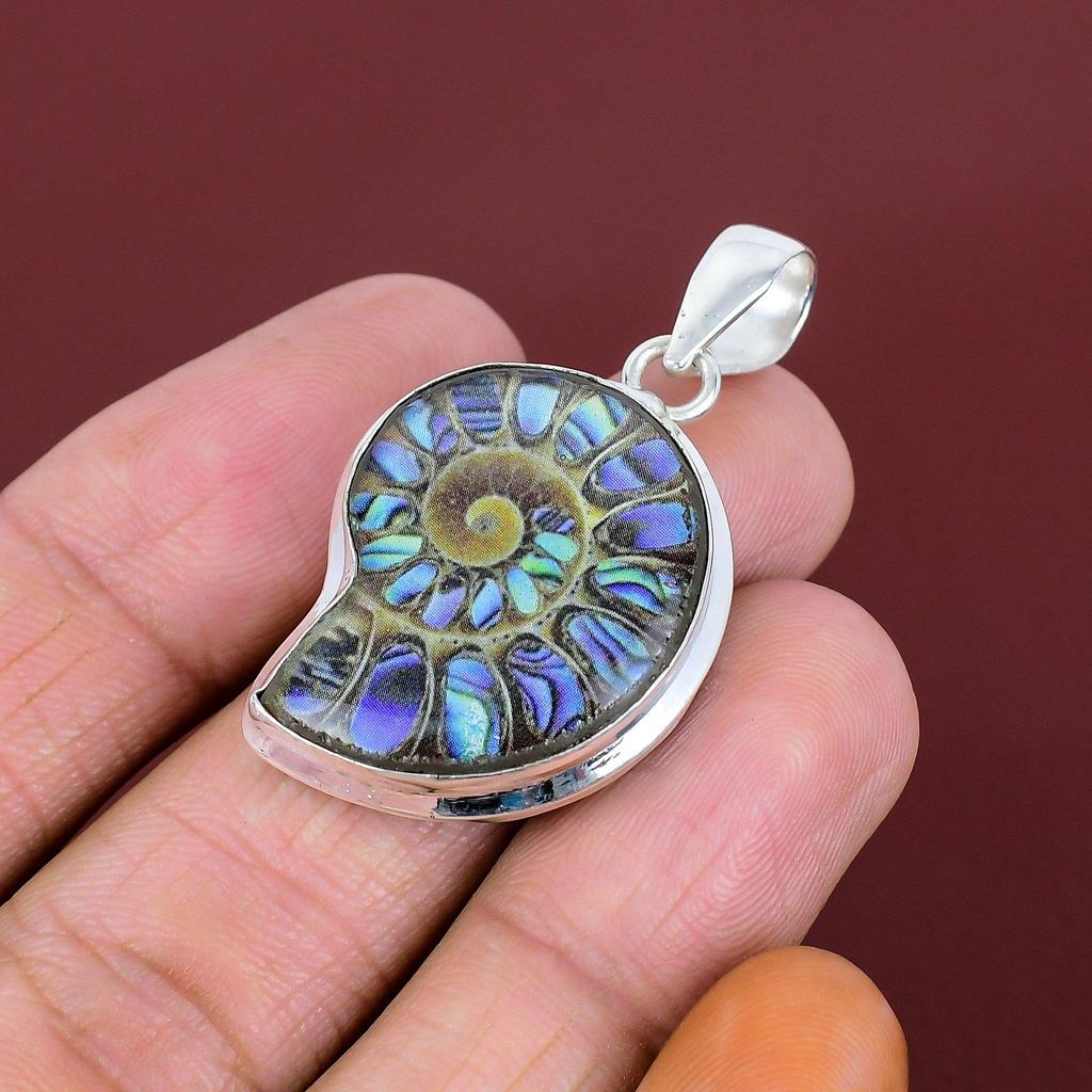 Abalone shell in ammonite doublet opal pendant gemstone pendant handmade jewelry 925 sterling silver pendant birthstone pendant anniversary gifts