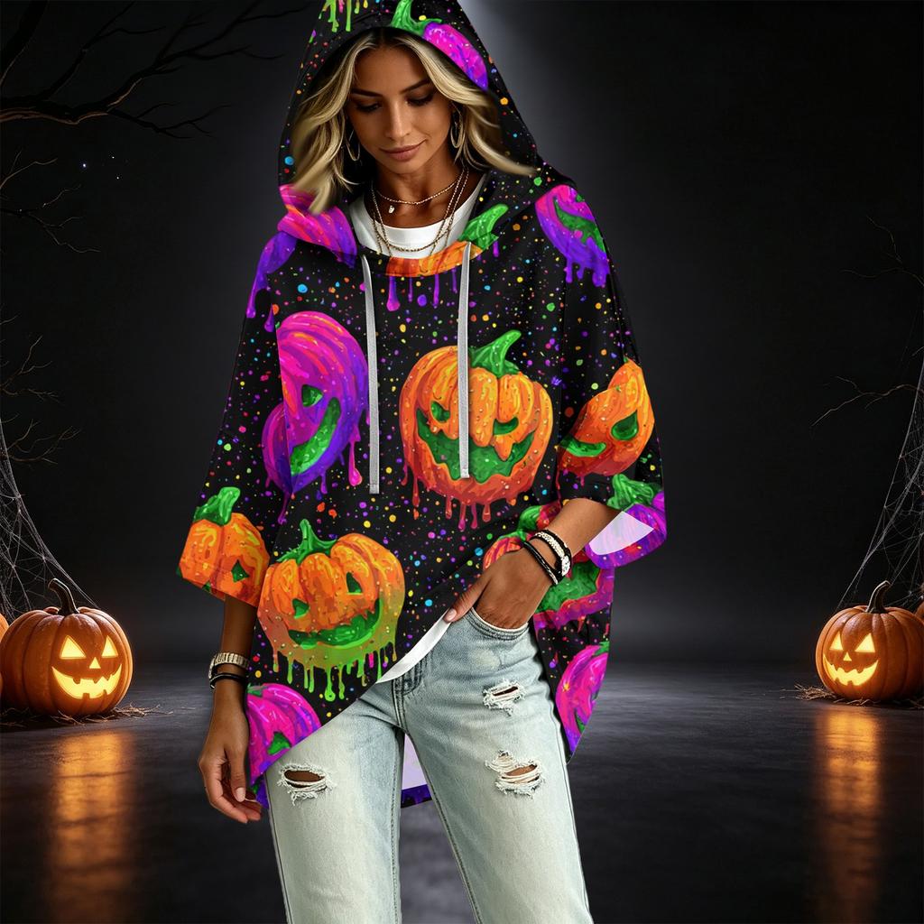 Women's Halloween Printed Hoodie 3/4 Sleeve Pullover Casual Tunic for Party