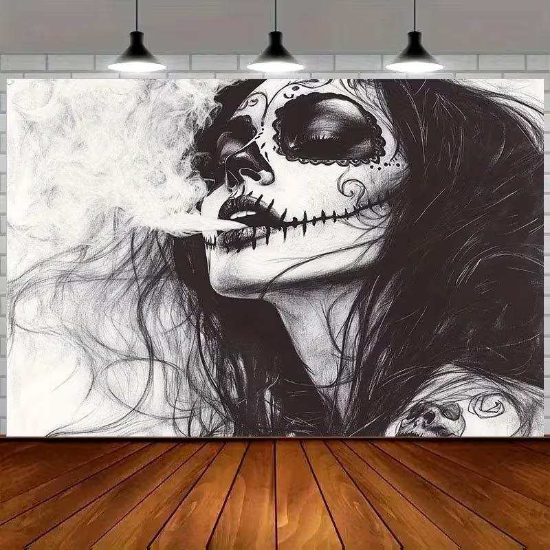 2D Day of the Dead Tapestry Sugar Skull Lady with Smoke Art Background Cloth