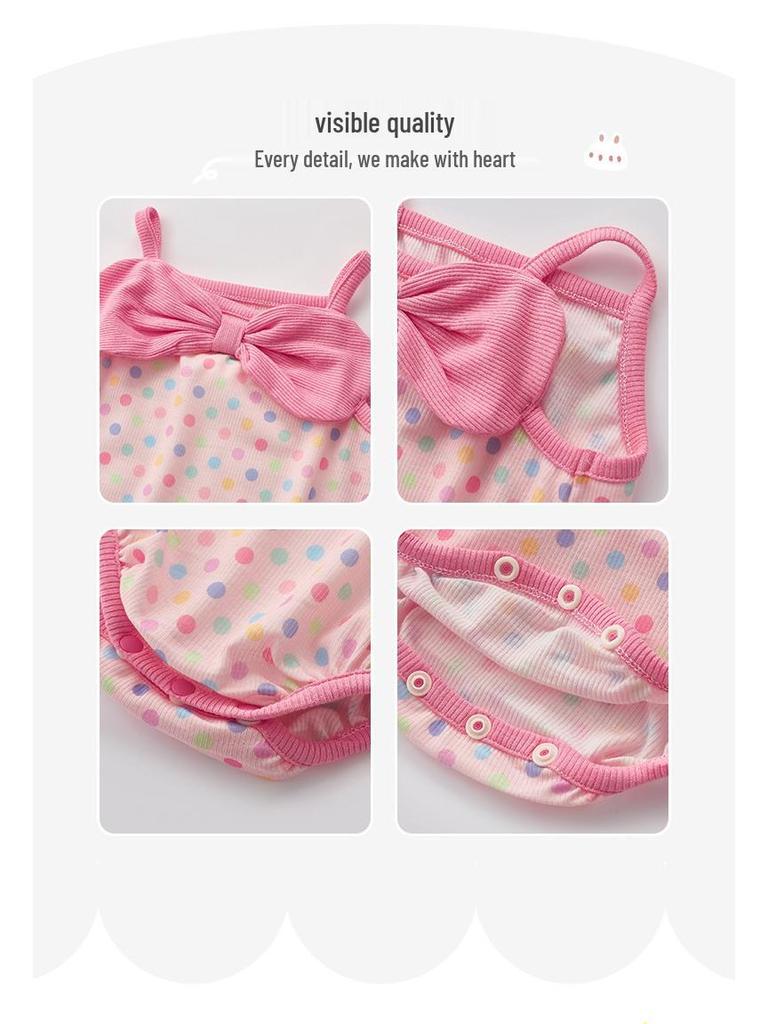 2025 Polka Dot Baby Girl Romper - Summer Bow Sling Bubble Crawling Suit