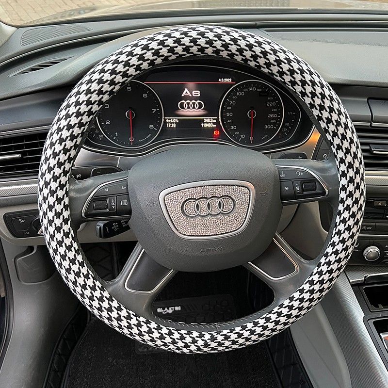 Car Steering Wheel Cover Summer Cotton Linen Breathable Non-Slip Goddess Houndstooth Bow All-Season Universal Handlebar Cover