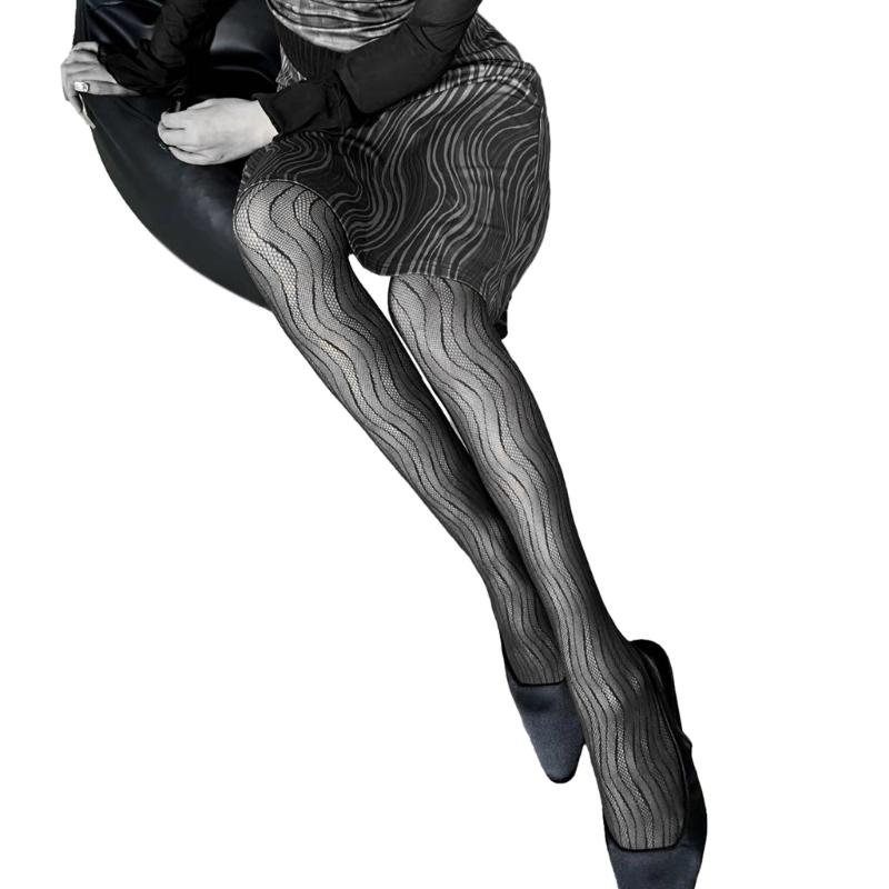 Women Sexy Hollow-Out Fishnet Pantyhose Water Ripple Striped Patterned Bottoming Leggings Fine Mesh Tights Stockings