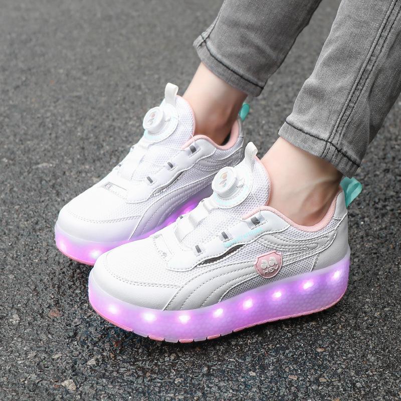 New wheel shoes double wheel charging rotating buckle colorful lights runaway shoes direct sales support