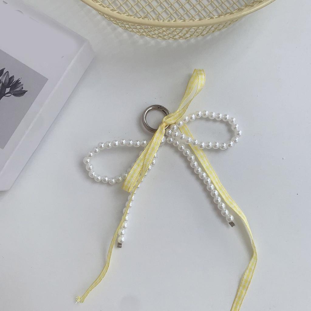 Elegant Pearl Ribbon Bowknot Keychain Pendant Keyring Charm Lovely Hanging Decorations for Purse Bag Backpack Handbag