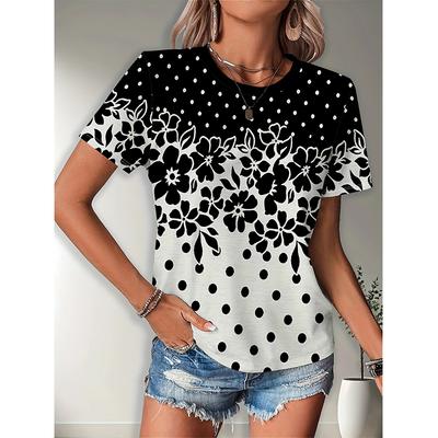 Damski letni T-shirt Piękny nadruk kwiatowy Moda retro Krótki rękaw T-shirty Casual Nadrukowane Topy
