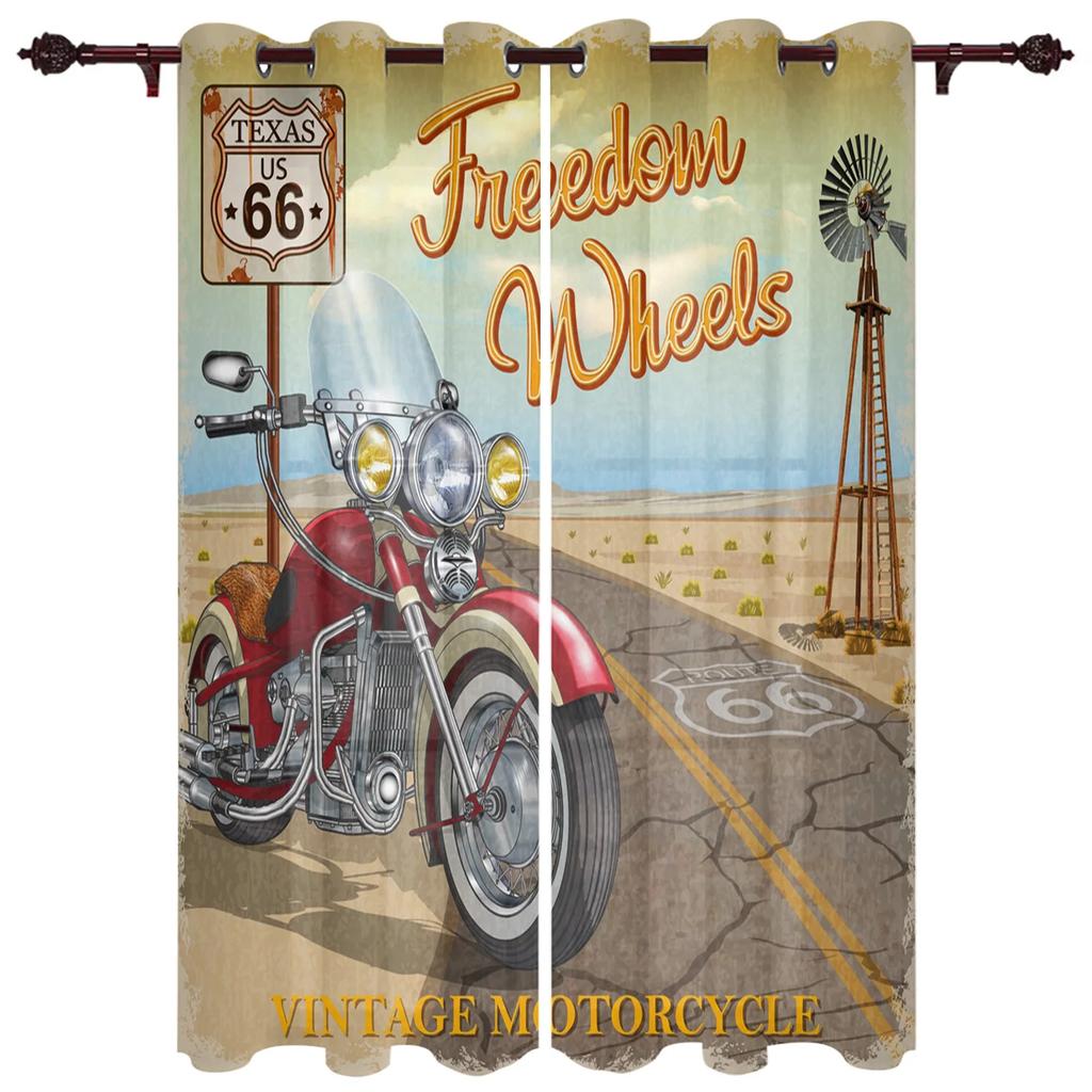 2 panels Vintage Motorcycle Print Curtains for Bedroom Living Room Floor-to-ceiling Window Kitchen Blinds cortinas Grommet Top