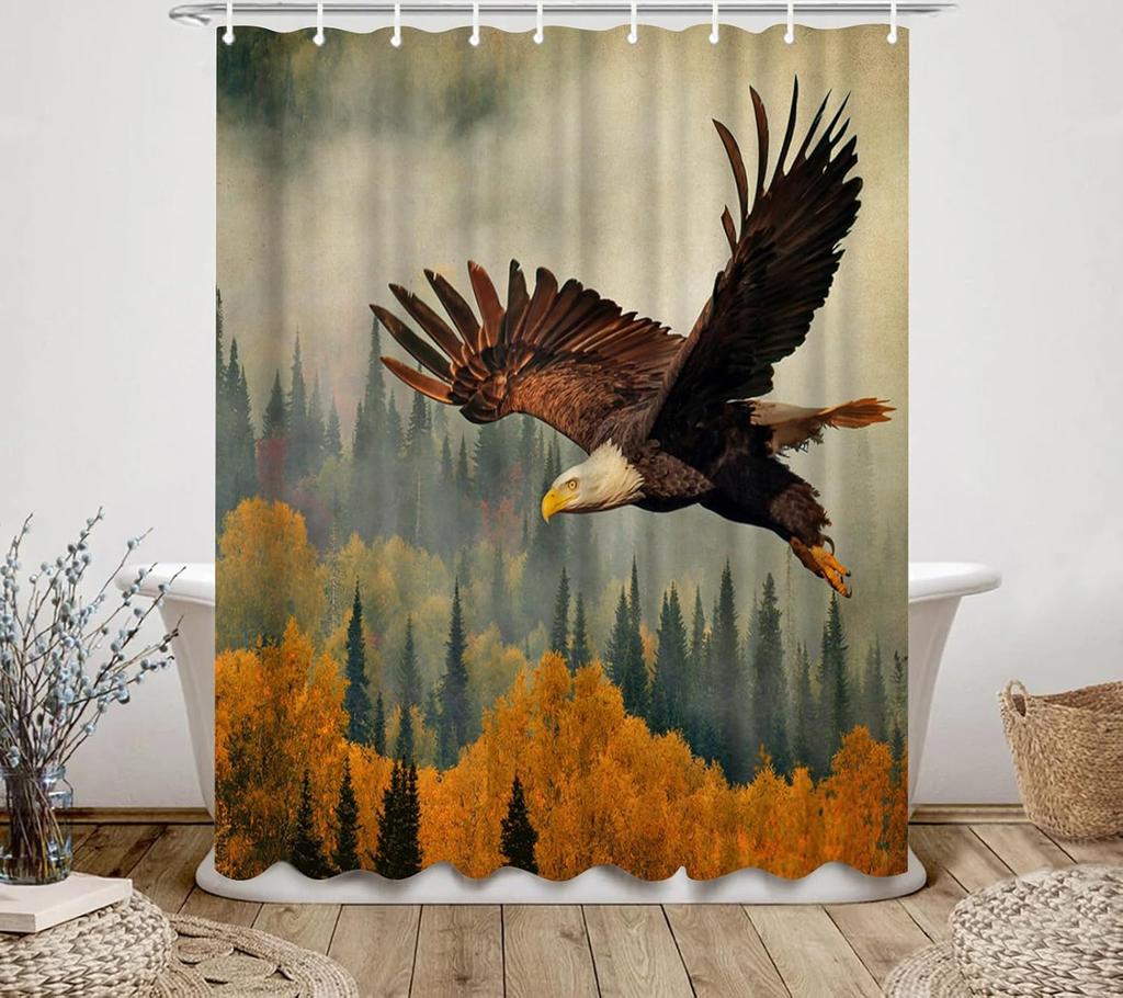 Eagle Shower Curtain Forest Bath Curtain Autumn Nature Bathroom Curtain Washable Easy to Care with