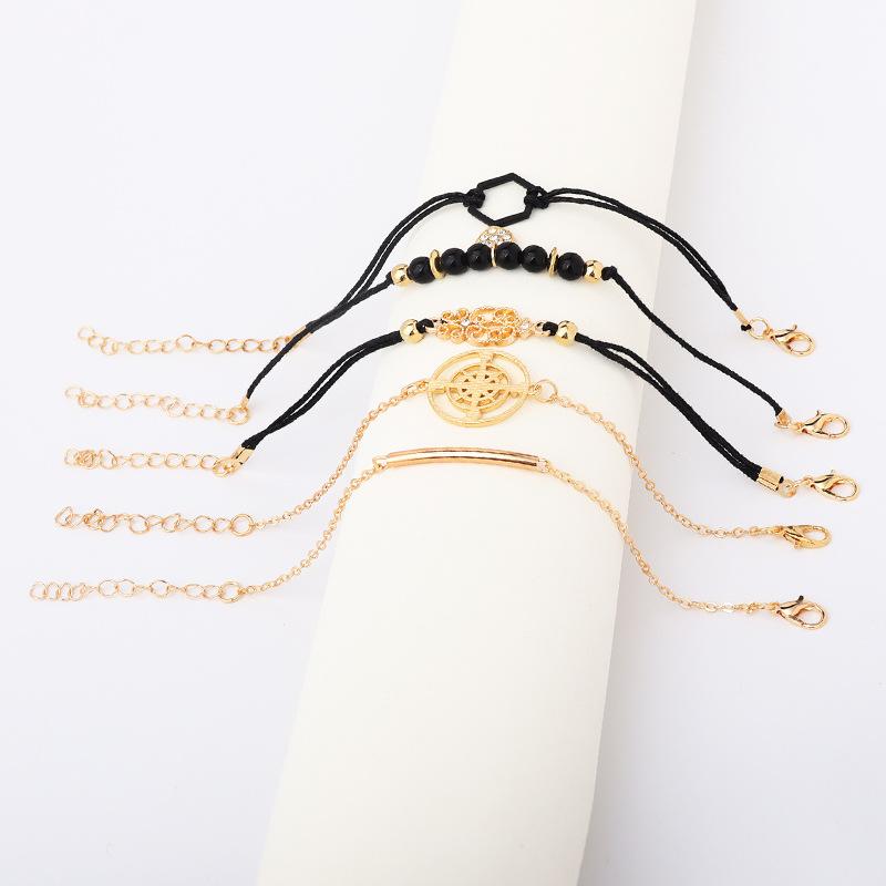 Hot Sale Copper Tube, Compass Personality Bracelet Black Hexagonal Diamond Five-piece Bracelet Women