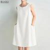 ZANZEA Women Casual Round Neck Solid Color Summer Sleeveless Dress