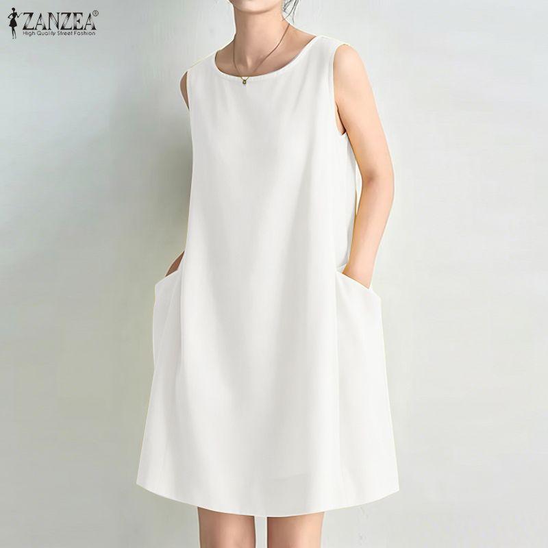 ZANZEA Women Casual Round Neck Solid Color Summer Sleeveless Dress