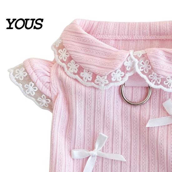 Hair Free Pet Clothes Cute Girl Dog T-Shirt, Sweet Lace Trim Shirt with Bowknots, Metal D Ring Short Flying Sleeves, Summer Female Outfit
