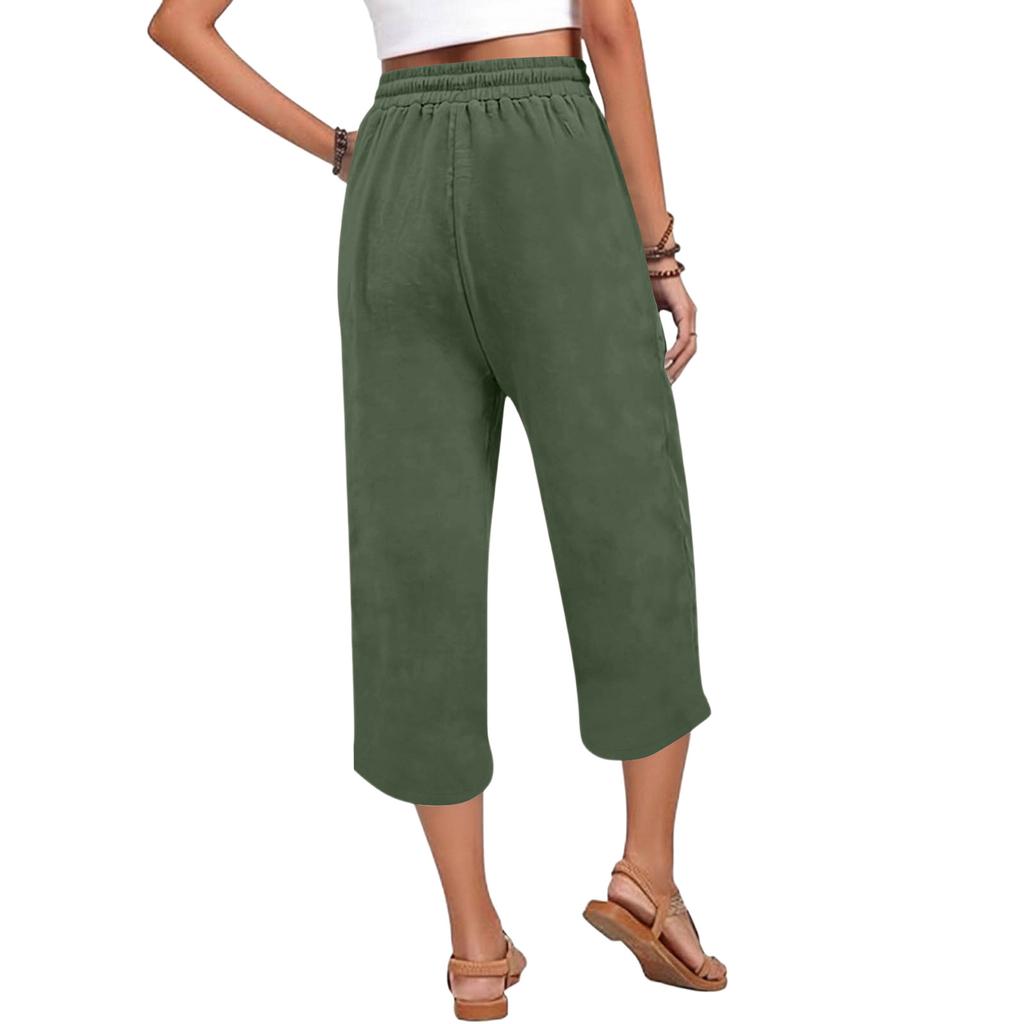 Women's Cotton And Linen Pocket Elastic Casual Pants Five Quarter Pants