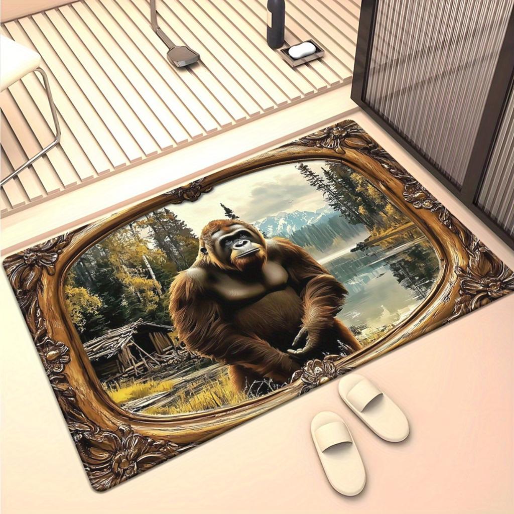 Gorilla Forest Mountain Rug Wildlife Animal Art Vintage Frame Design Living Room Floor Mat Nature Themed Home Decor