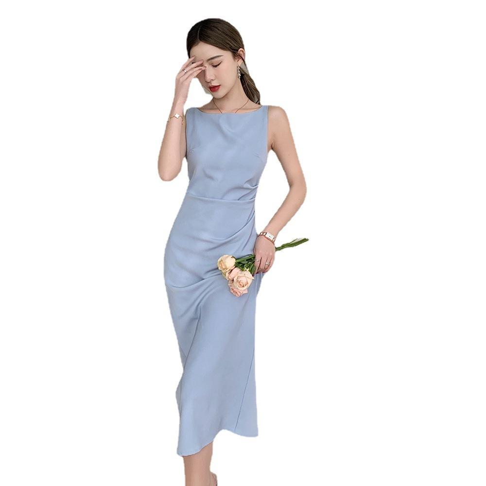 Real Shot, French Retro Hepburn Dress, Summer One-word Shoulder Sleeveless Long Dress, Waist and Thin Hepburn Dress
