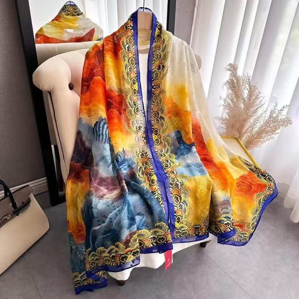 180 * 90 High-End Single-Sided Cut Dill Long Shawl Retro Chinese Style Ancient Charm Elegant Silk Scarf Dunhuang