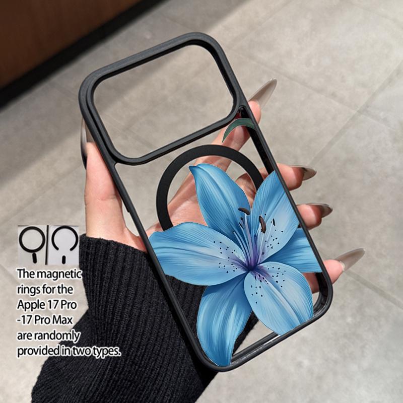 Blue Lily Flower Pattern Phone Case Suitable for iPhone 17, 16, 15, 14, 13, 12, 11 Pro/Max/Plus Anti Drop and Anti Shock