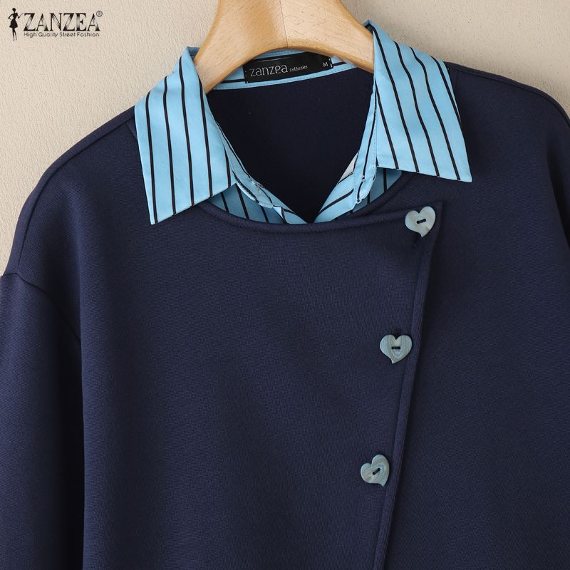 ZANZEA Women Patchwork Casual Turn Down Collar Long Sleeve Pullover Tops Autumn