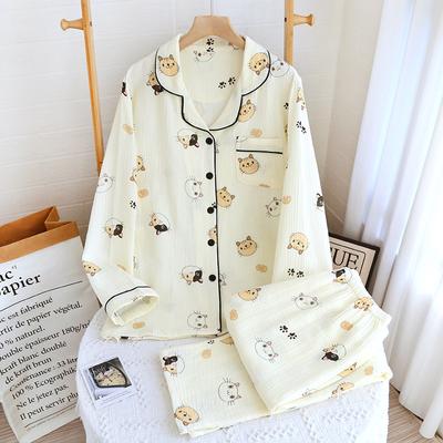 Spring/Summer Women's Pajama Set Long Sleeve 2 Piece100% Cotton Crepe Pajama Cute Cat Print Sweet Homewear Sleepwear