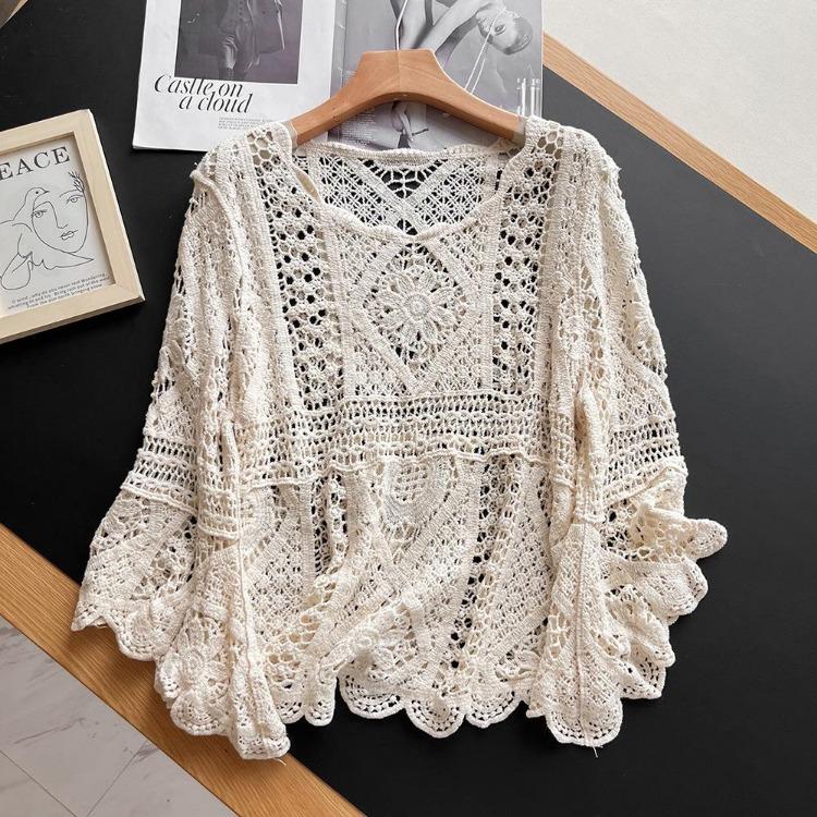 Women Summer Lace Knit T-Shirt O-Neck Hollow Long Sleeve Loose Basic White Top Tee Vest Tops Clothing