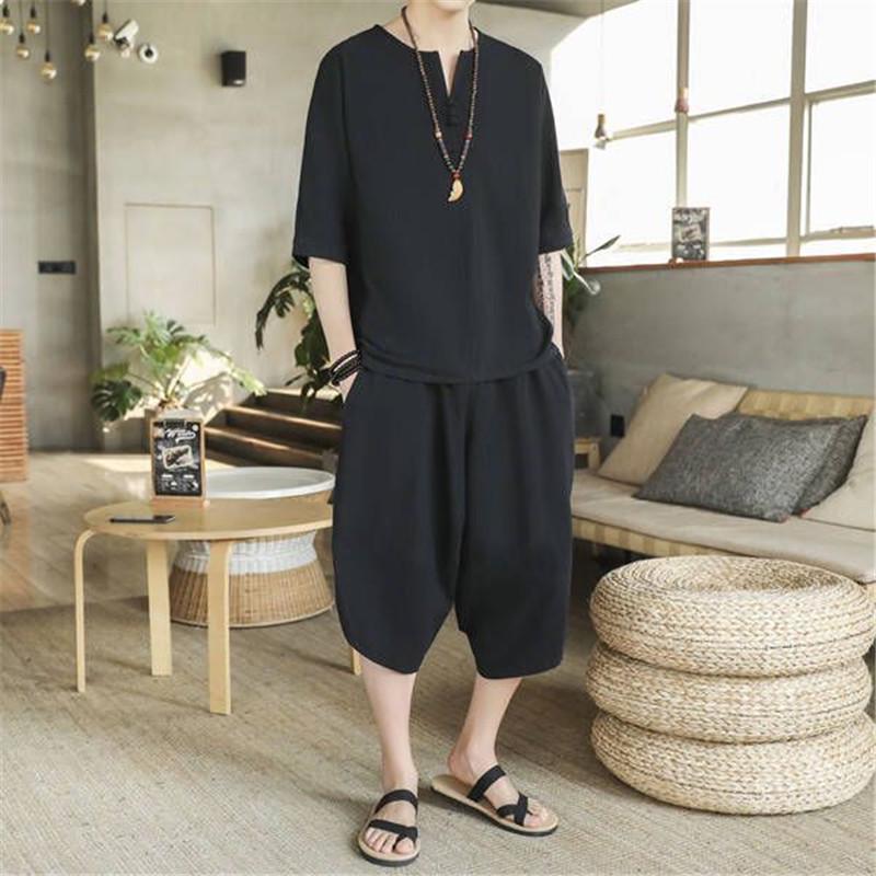 Men's Summer Cotton and Linen Sets Fashion Two Piece Sets Men Loose Capris Casual Tang Suit Large Size