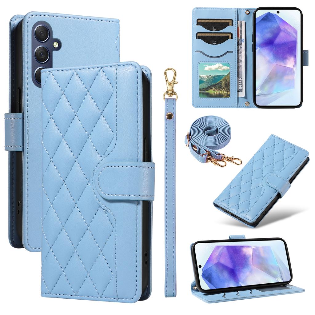 For Samsung Galaxy A55 5G Case Wallet Rhombus Leather Phone Cover with Shoulder Strap,Wrist Strap