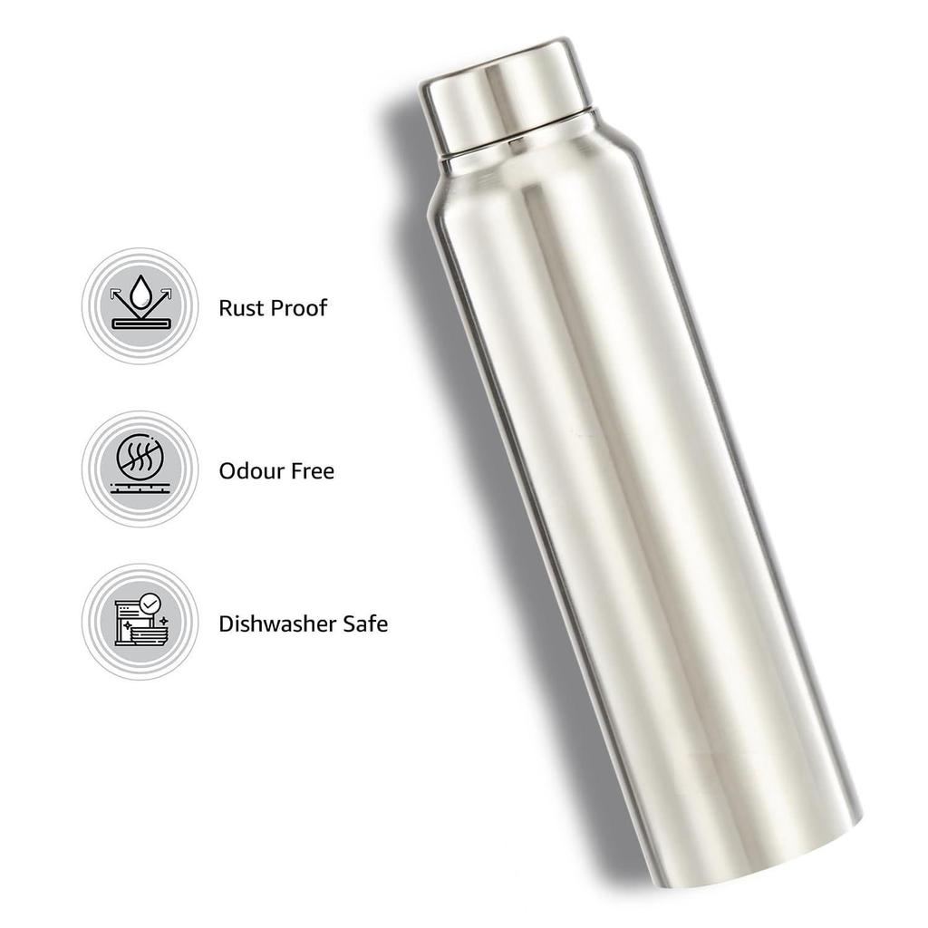 Bouteille d'eau en acier inoxydable (Un paquet de 2) | Approuvé BIS | 900ml (Finition Acier Argenté)
