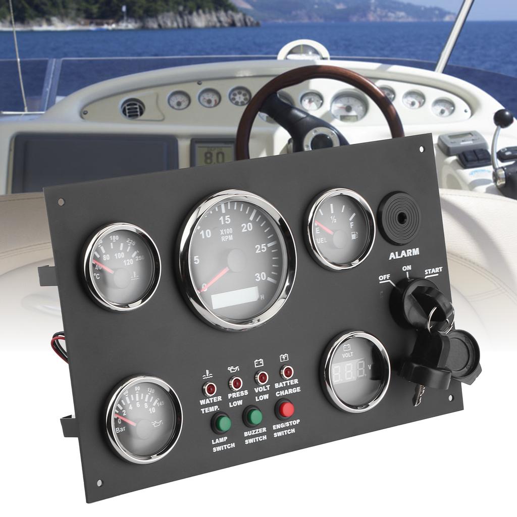 12V/24V Gauge Cluster Oil Pressure Level Water Temperature Voltage Display with Ignition Keys Oil Pressure Gauge Yacht Voltmeter