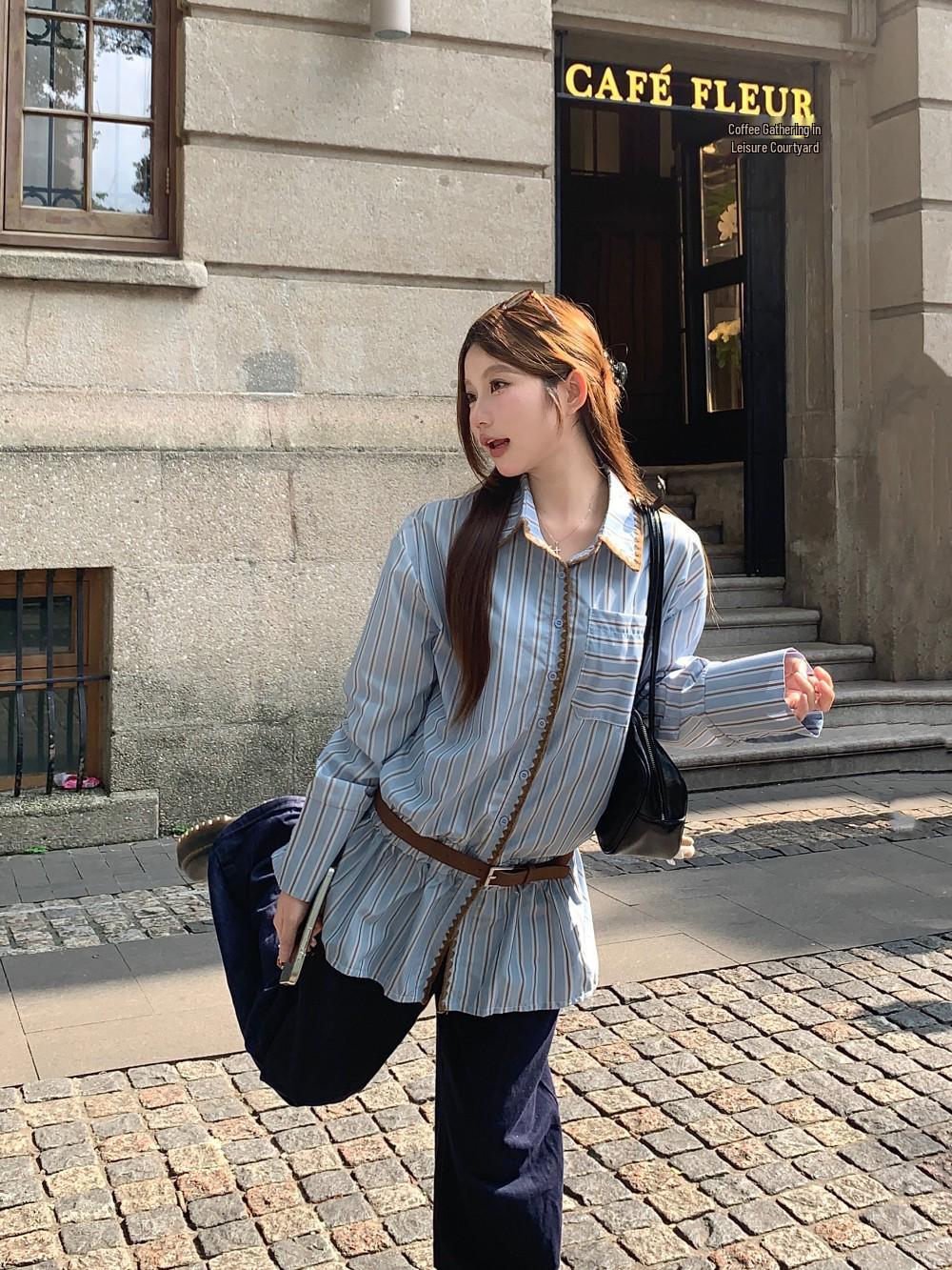 Elegant Blue Striped Women s Autumn Long-Sleeve Chic Shirt One Size